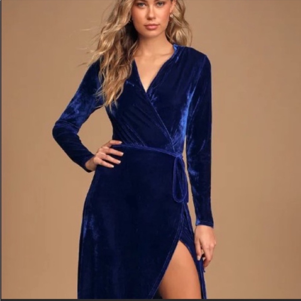 Velvet Wrap Midi Dress in Deep Blue